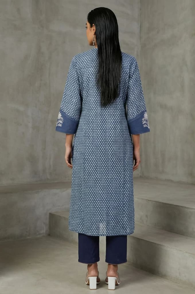 Blue Floral Thread Embroidered Pure Cotton Straight Kurta — photo 4