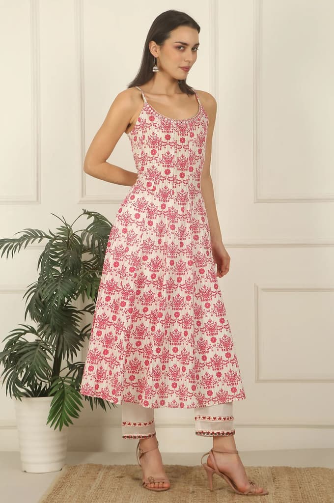 White and Pink Printed Cotton Lurex Anarkali Spaghetti Kurta, Pants and Dupatta Set — photo 7