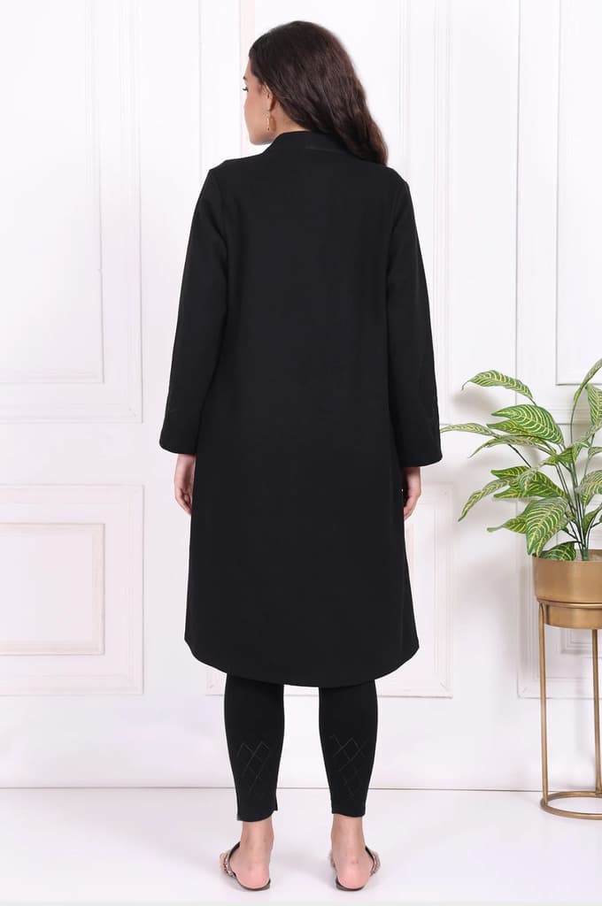 Black Embroidered Straight Woven Coat — photo 4