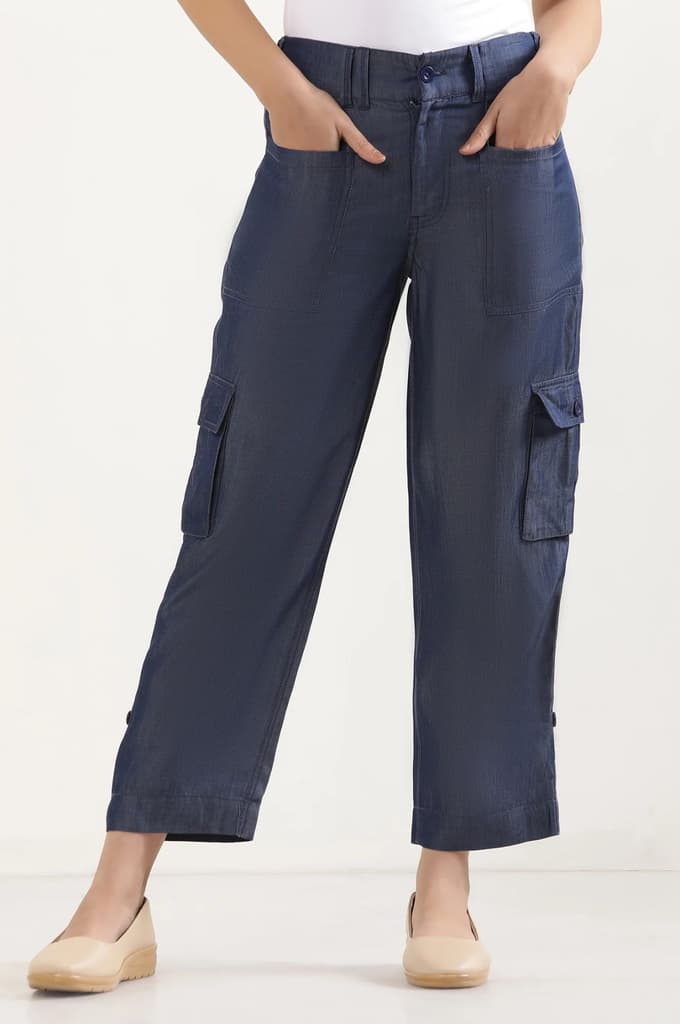 Blue Solid Straight Fit Lyocell Pants With Six Pockets — photo 2