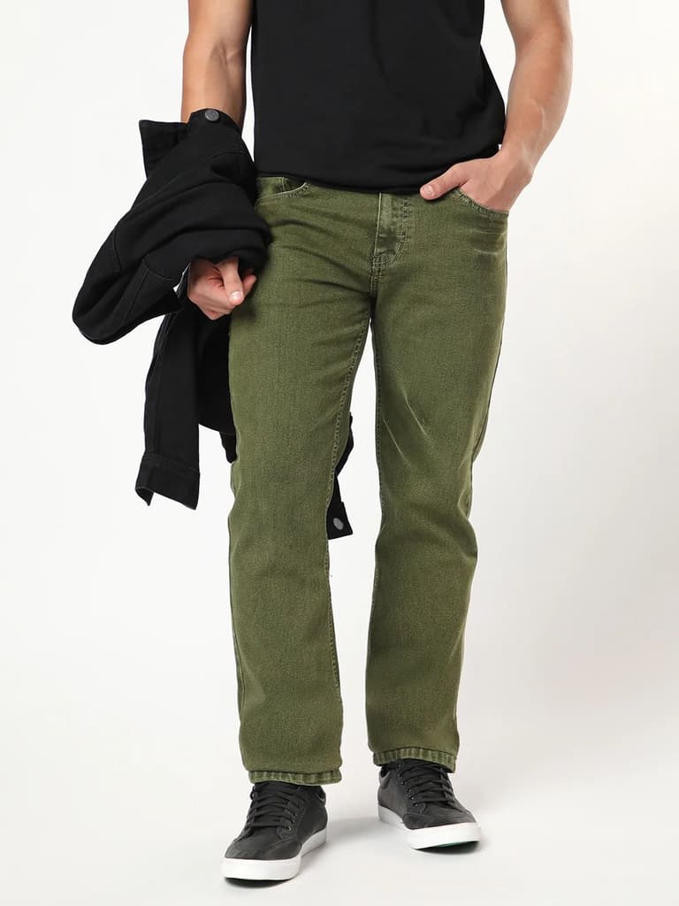 Men's Light Green Regular Fit Acid Washed Denim Jeans Stretchable — 28 / Light Green