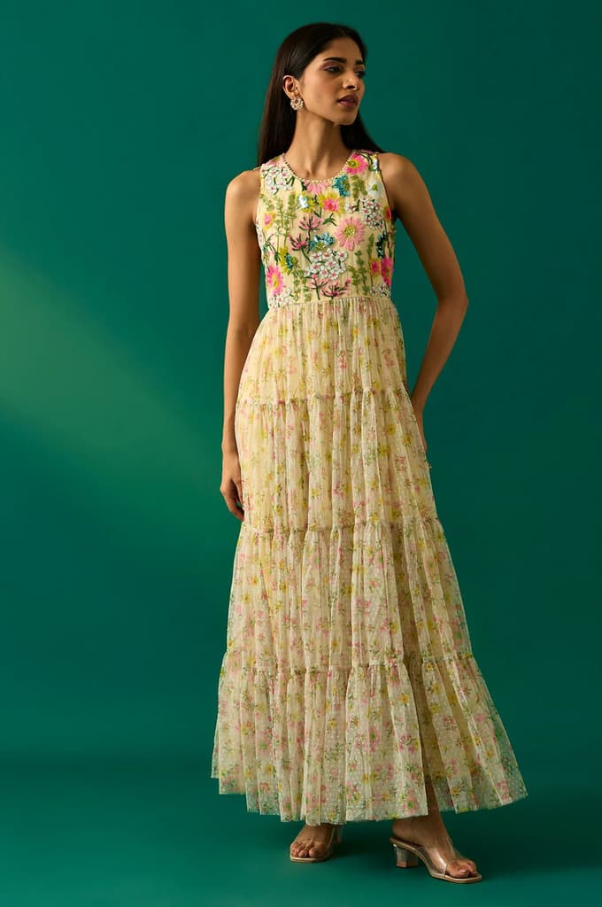 Yellow Embroidered Fit & Flare Georgette Dress
