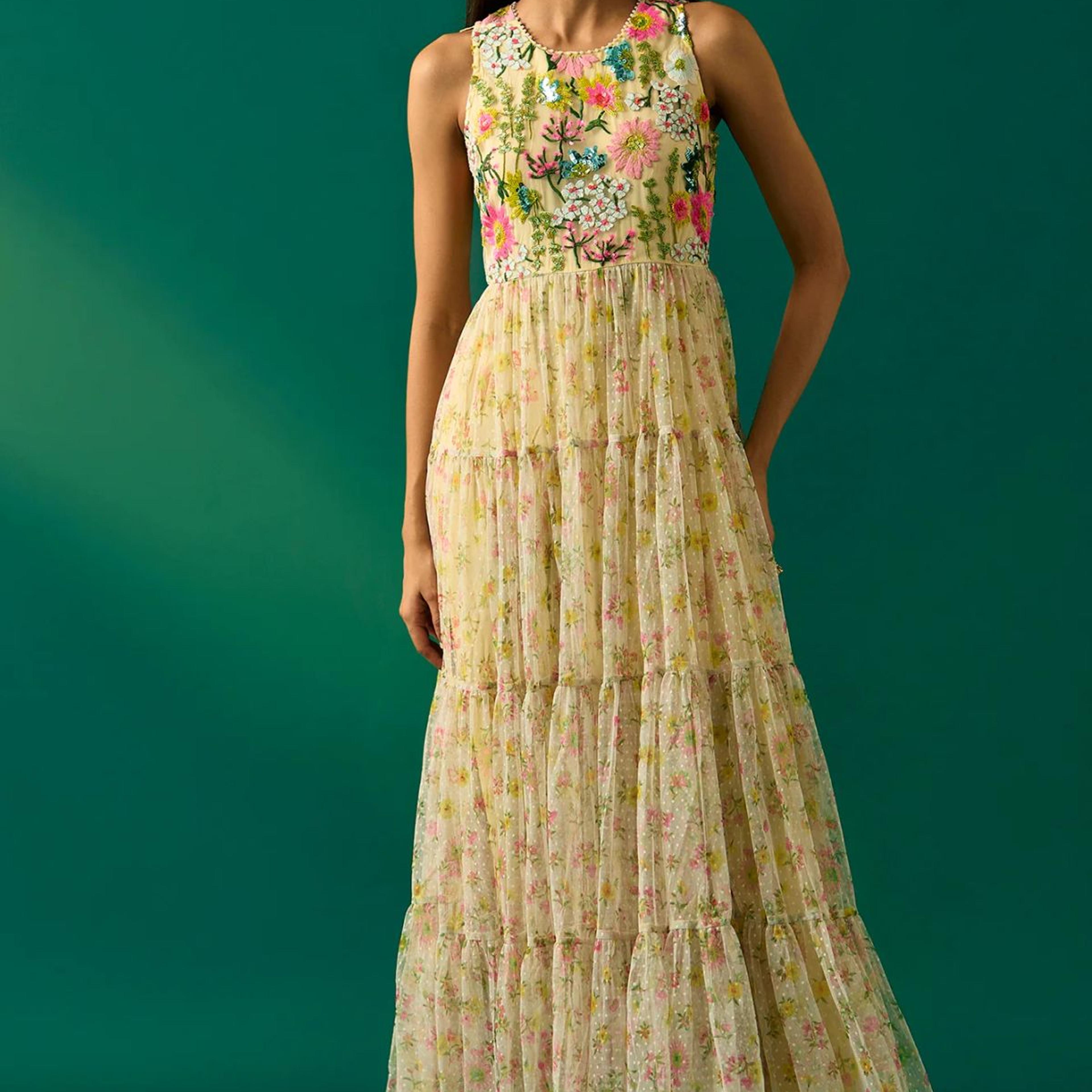 Yellow Embroidered Fit & Flare Georgette Dress