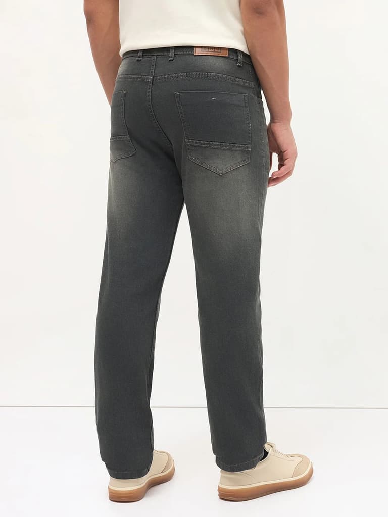 Men's Dark Grey Regular Fit Whisker Wash Yellow Tint Denim Jeans Stretchable — photo 4