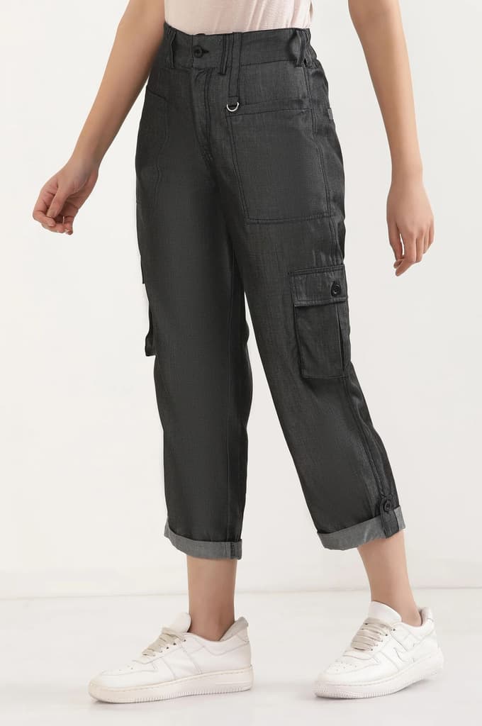 Black Solid Straight Fit Lyocell Pants With Elasticated Waist — photo 3