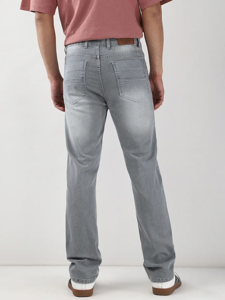 Men's Light Grey Straight Fit Washed Jeans Stretchable — photo 4
