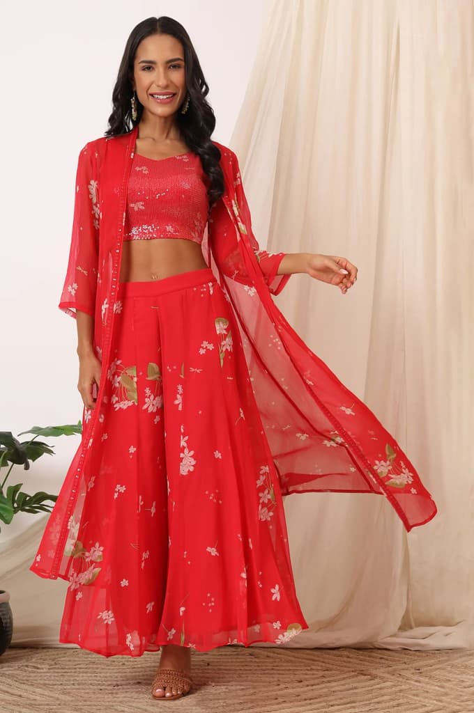 Red Floral Printed Chiffon Jacket, Crop Top and Culottes Set — XS