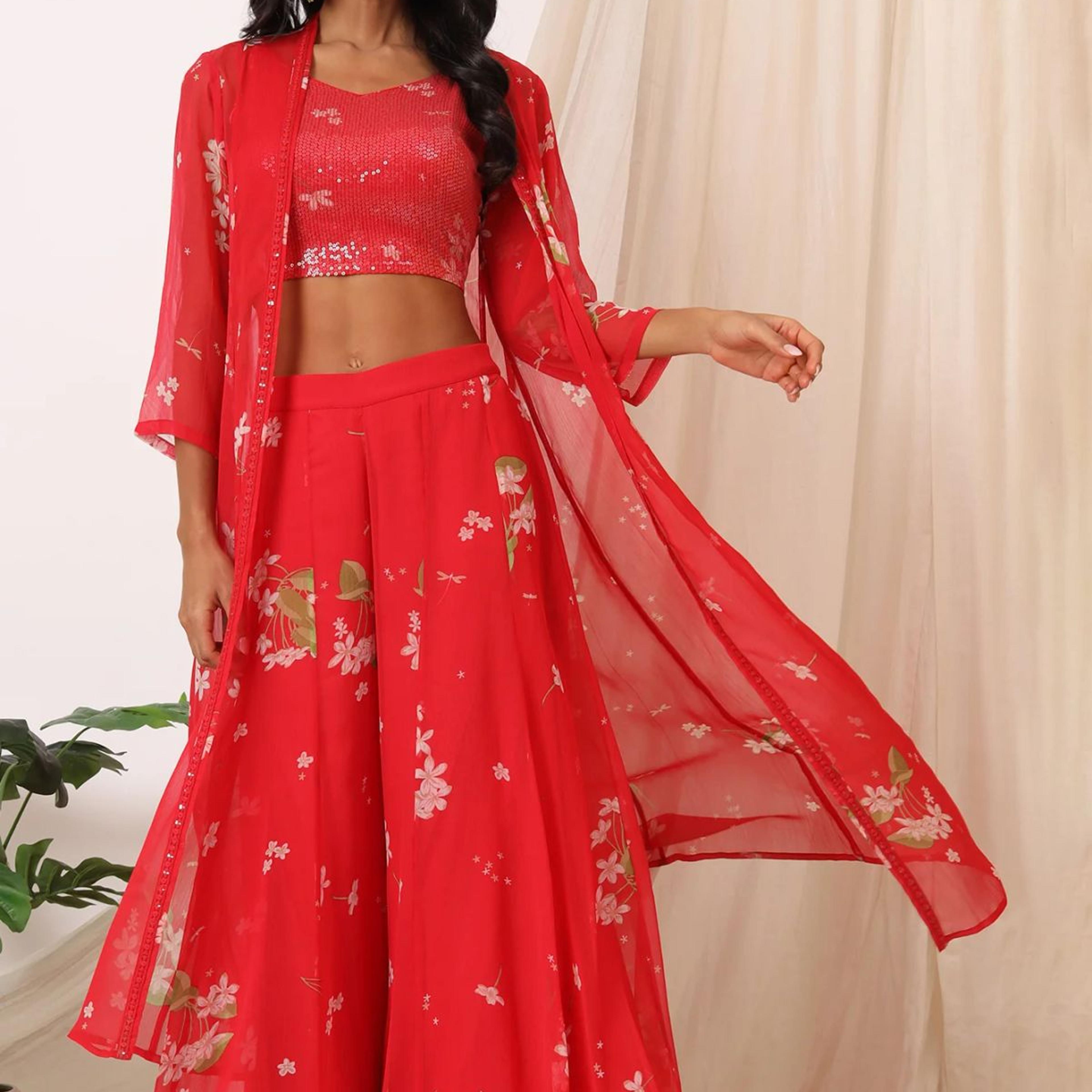 Red Floral Printed Chiffon Jacket, Crop Top and Culottes Set
