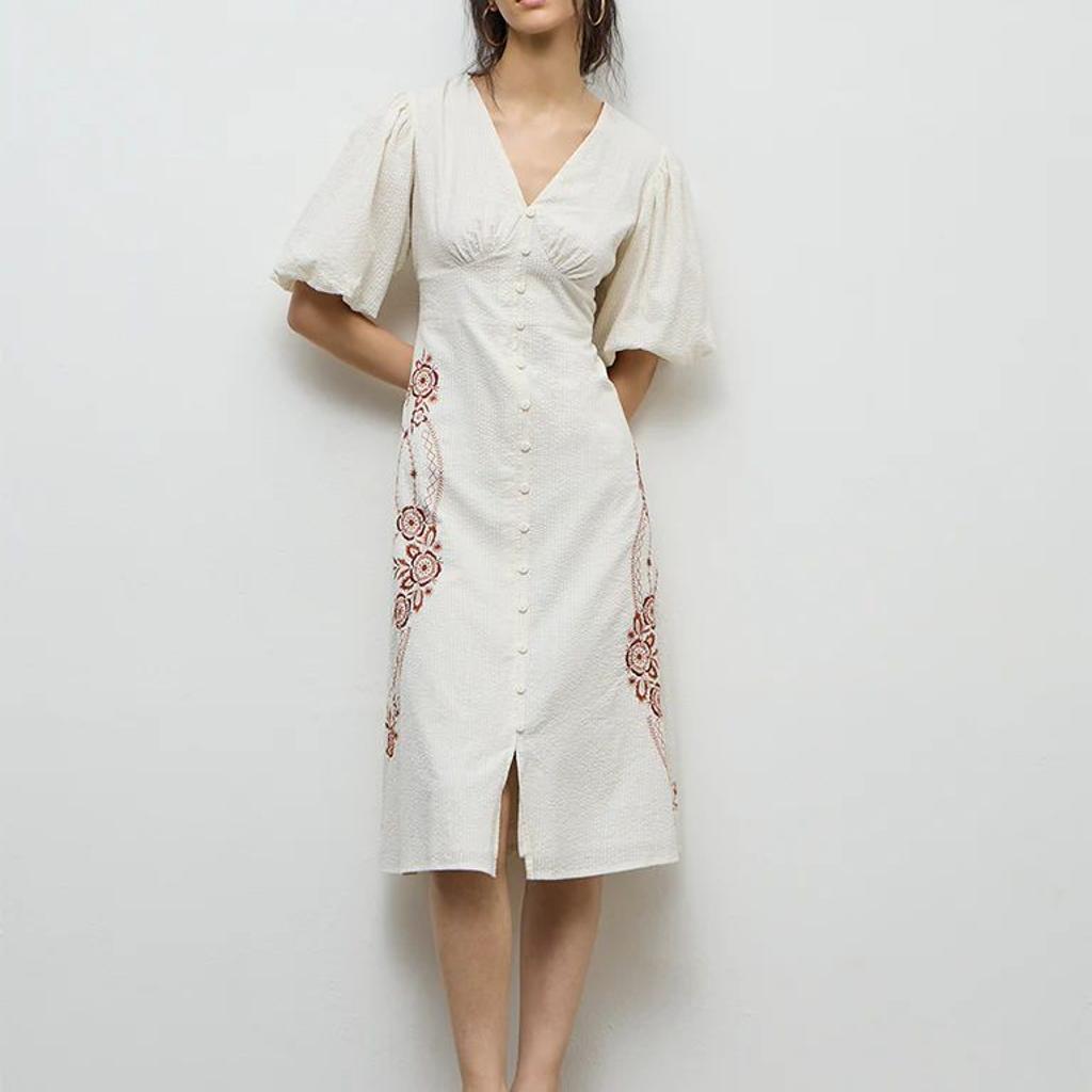 Bombay Paisley Off-White Embroidered Cotton A-Line Dress