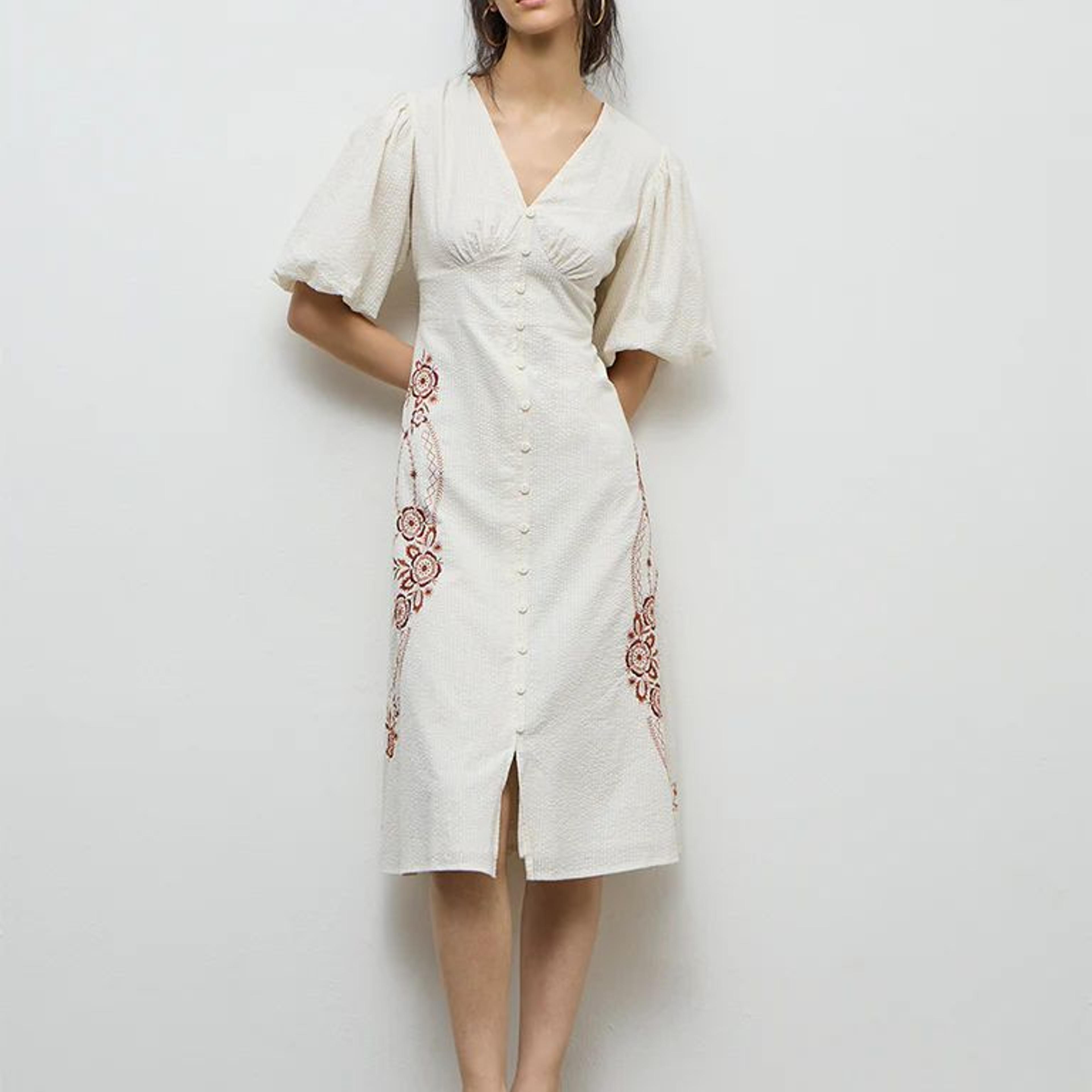 Bombay Paisley Off-White Embroidered Cotton A-Line Dress