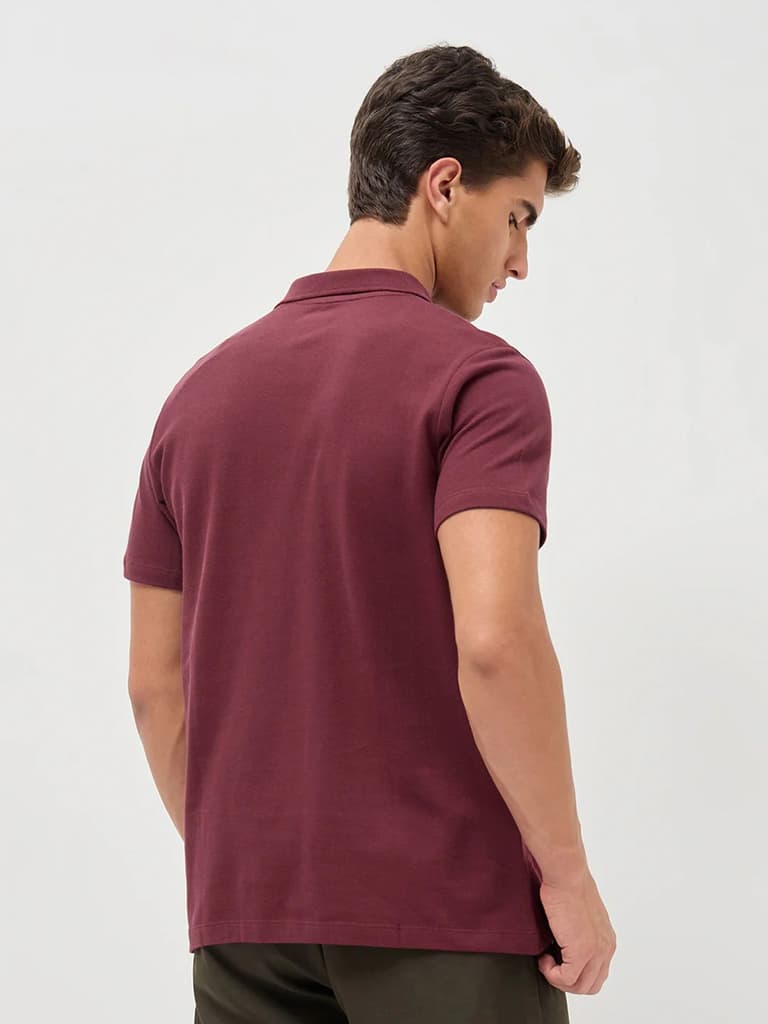 Men's Maroon Solid Regular Fit Half Sleeve Cotton Polo T-Shirt — photo 3