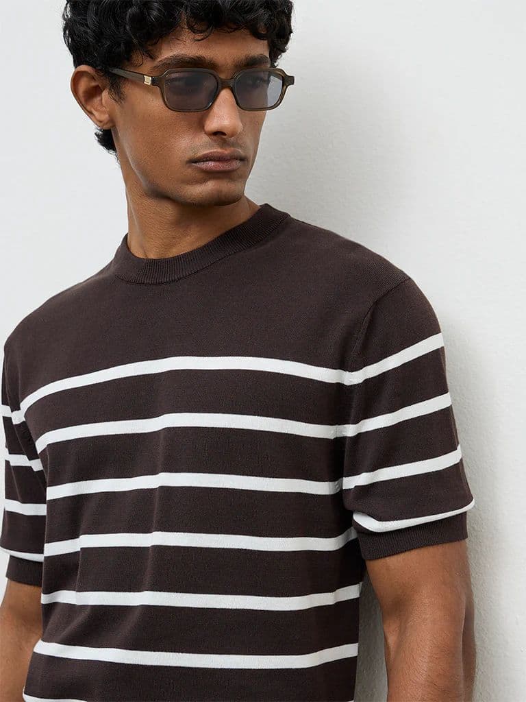 Ascot Dark Brown Striped Relaxed-Fit Cotton T-Shirt — photo 4