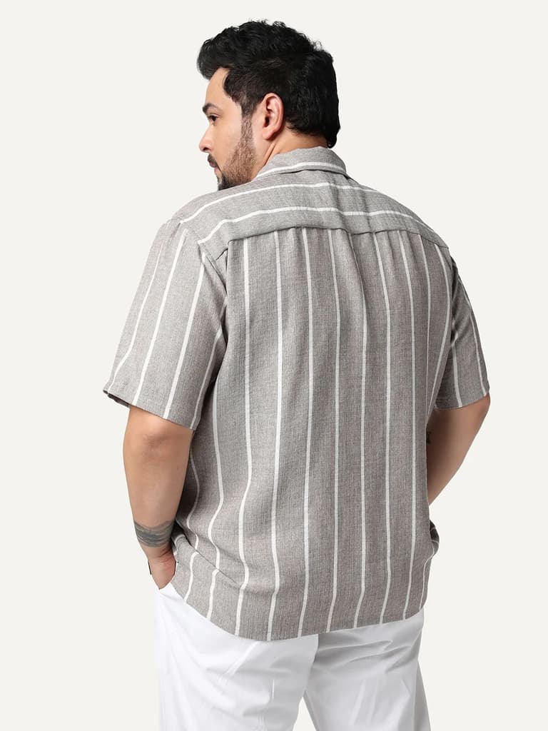 Plus Men's Grey Cotton Half Sleeve Relaxed Fit Linen Striped Shirt with Cuban Collar — photo 3