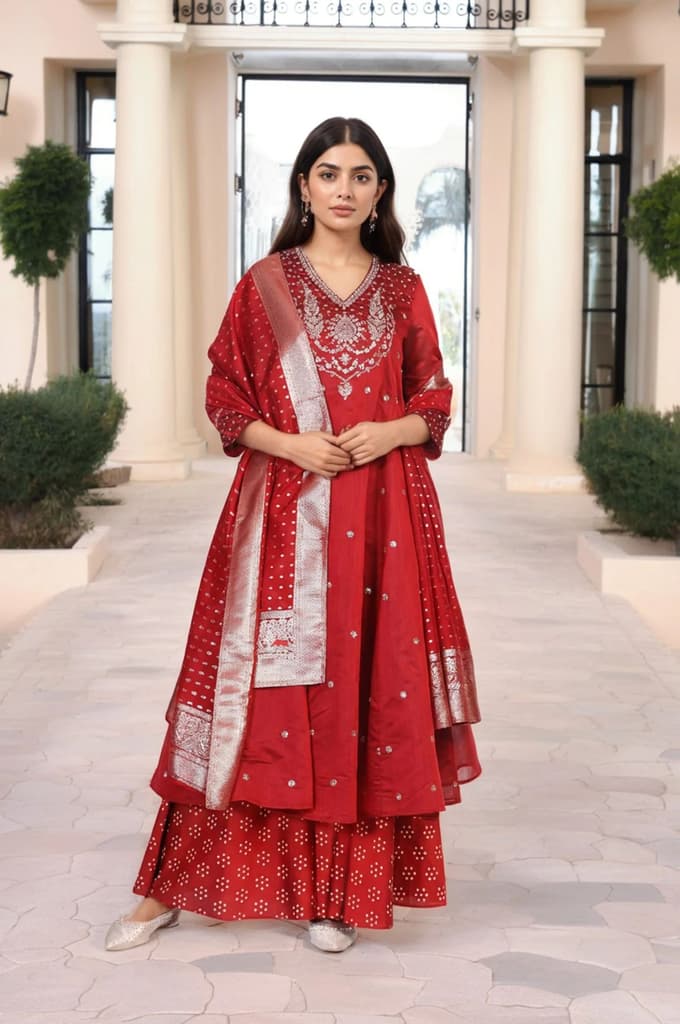Red Embellished Flared Kurta with Sharara and Dupatta Set — photo 2