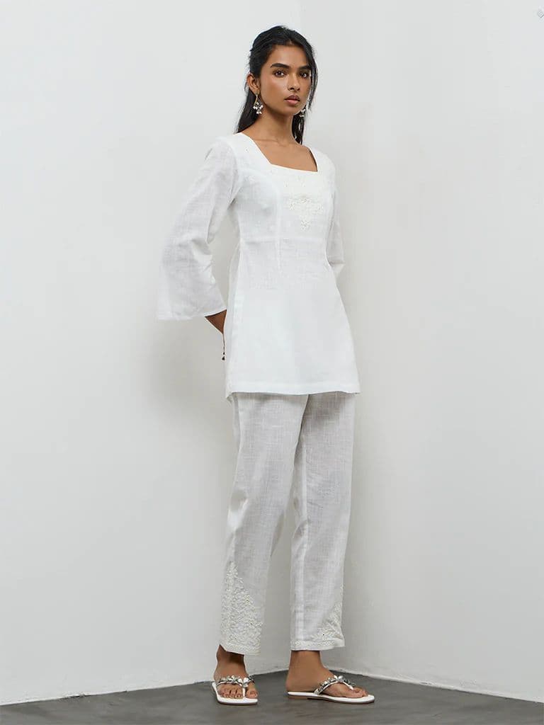 Utsa White Floral Embroidered Cotton Kurti — photo 2