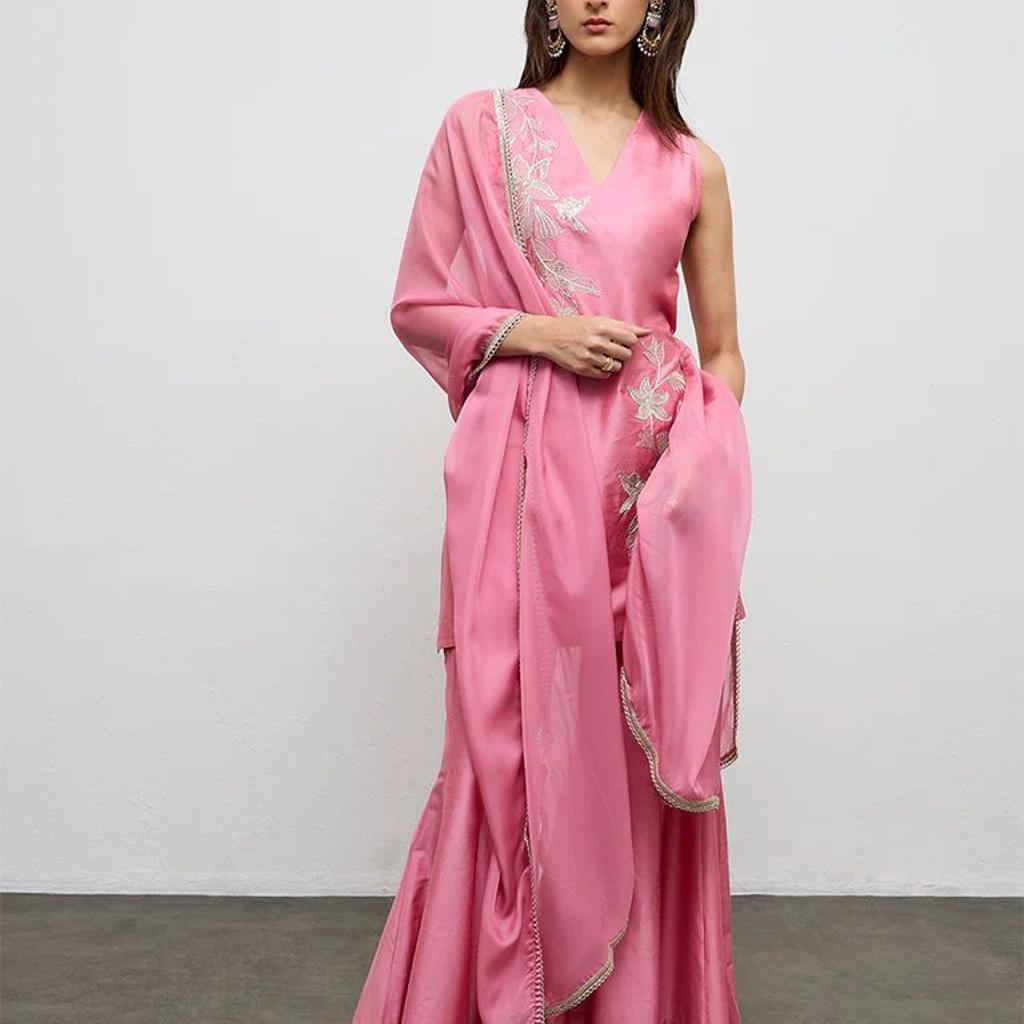 Vark Pink Floral Embroidered A-Line Ethnic Set