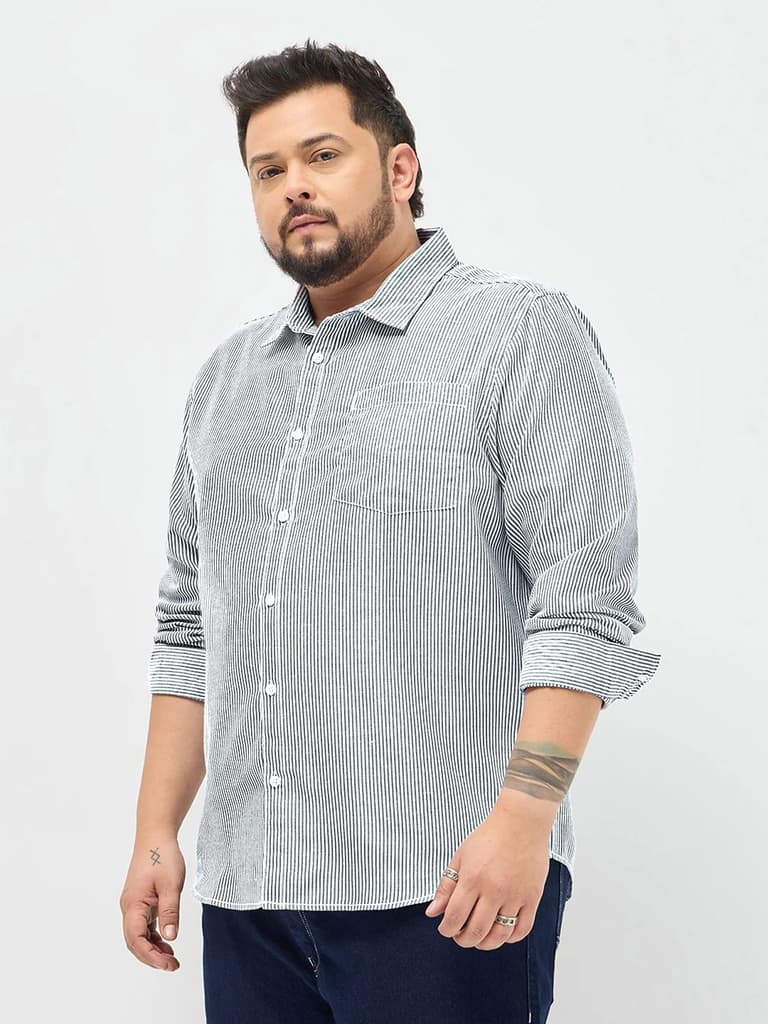 Plus Men's Dark Blue Cotton Full Sleeve Regular Fit Casual Striped Shirt — photo 3