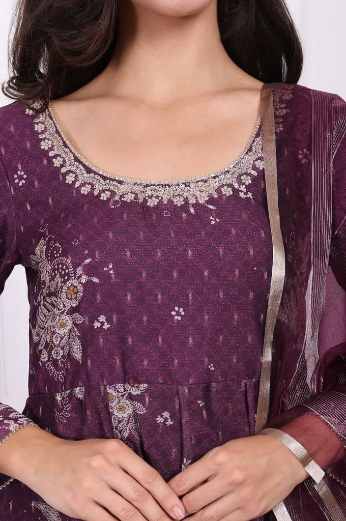 Purple Floral Printed Embroidered Anarkali Kurta with Dupatta Set — photo 3