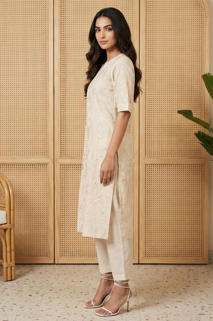 Beige Floral Printed Buttons Cotton Blend Straight Kurta with Pants Set — photo 3