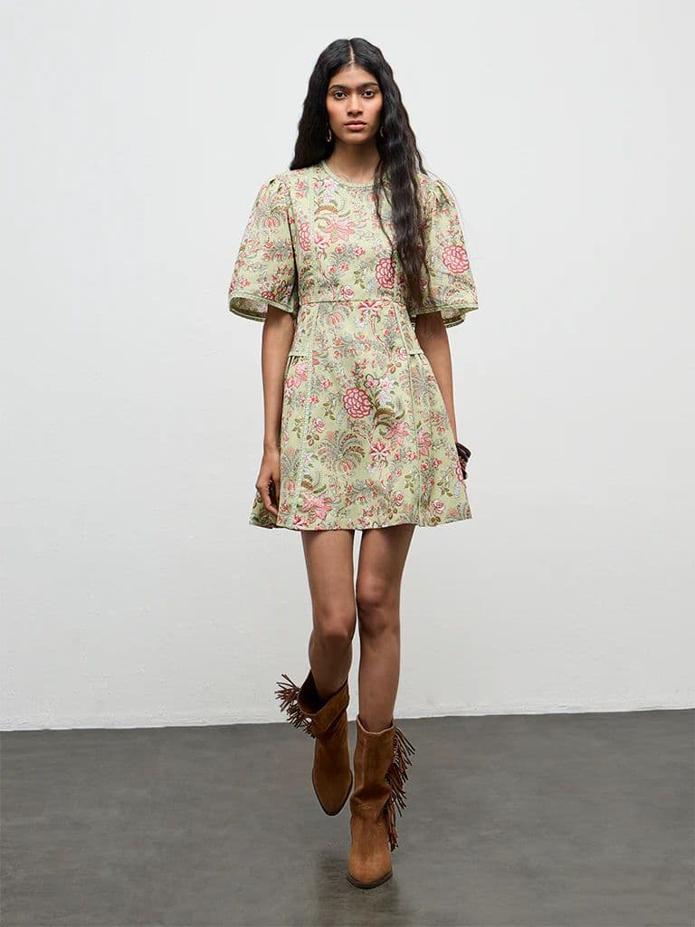 Bombay Paisley Green Floral Printed A-Line Cotton-Blend Dress — photo 2