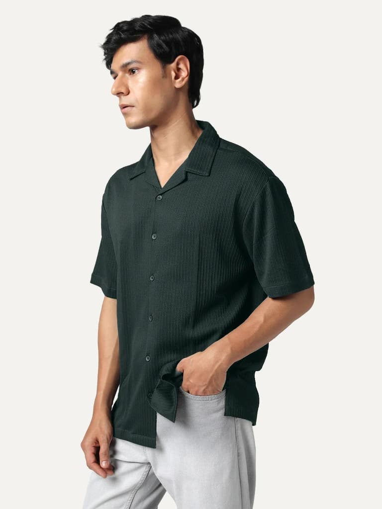 Men's Dark Green Cotton Half Sleeve Oversized Fit Textured Shirt with Cuban Collar — photo 2