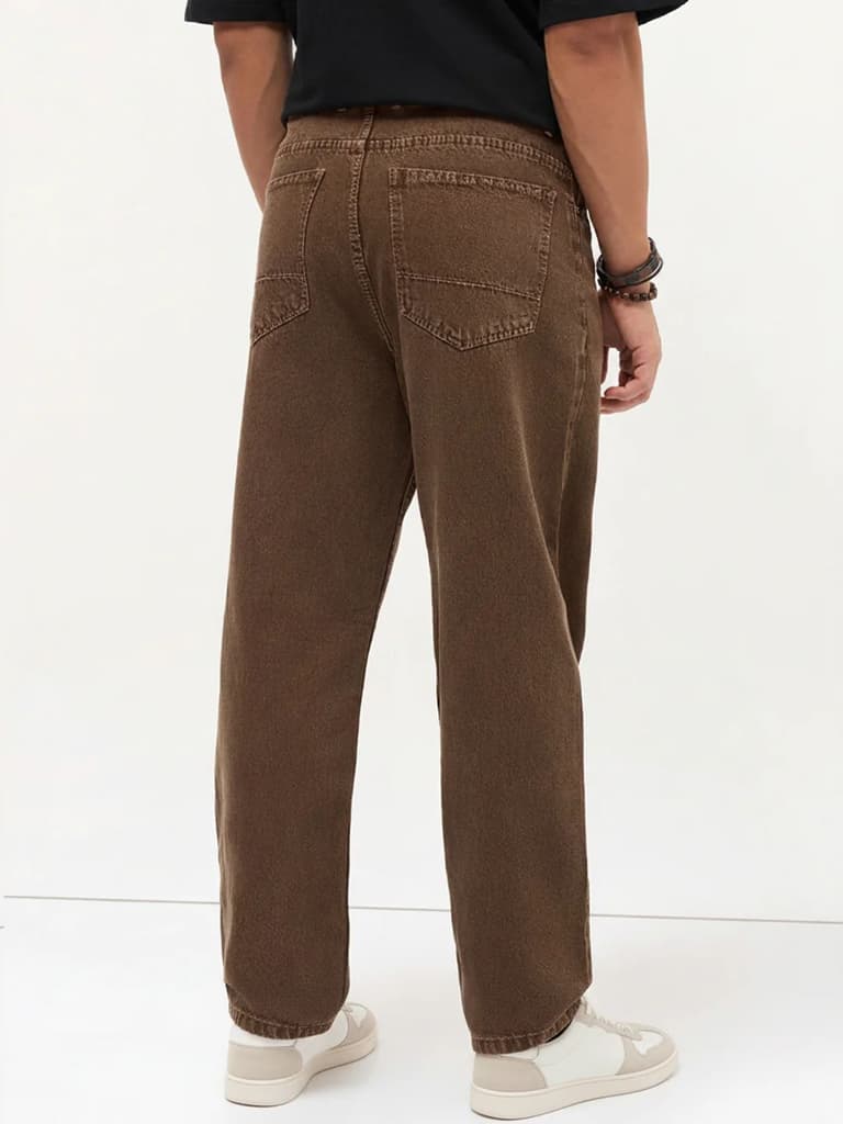 Men's Chocolate Brown Loose Baggy Fit Washed Denim Jeans Non-Stretchable — photo 3