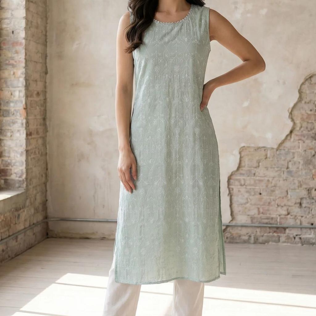 Sea Green Thread Embroidered Rayon Straight Kurta