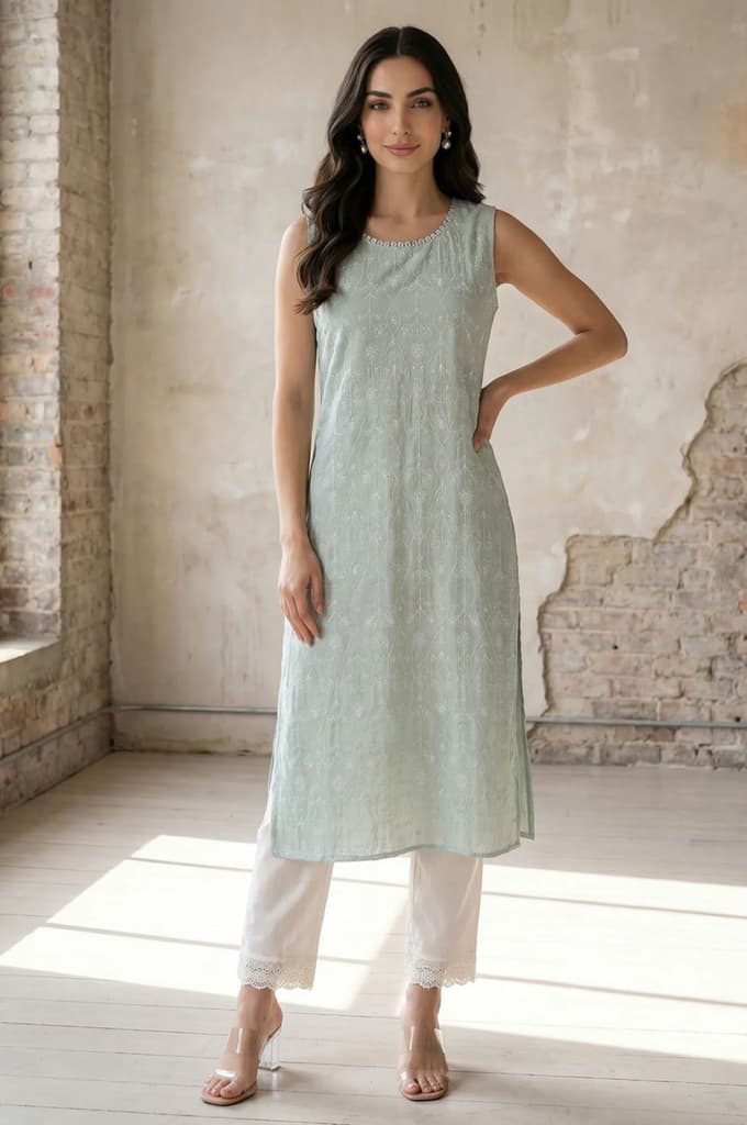 Sea Green Thread Embroidered Rayon Straight Kurta