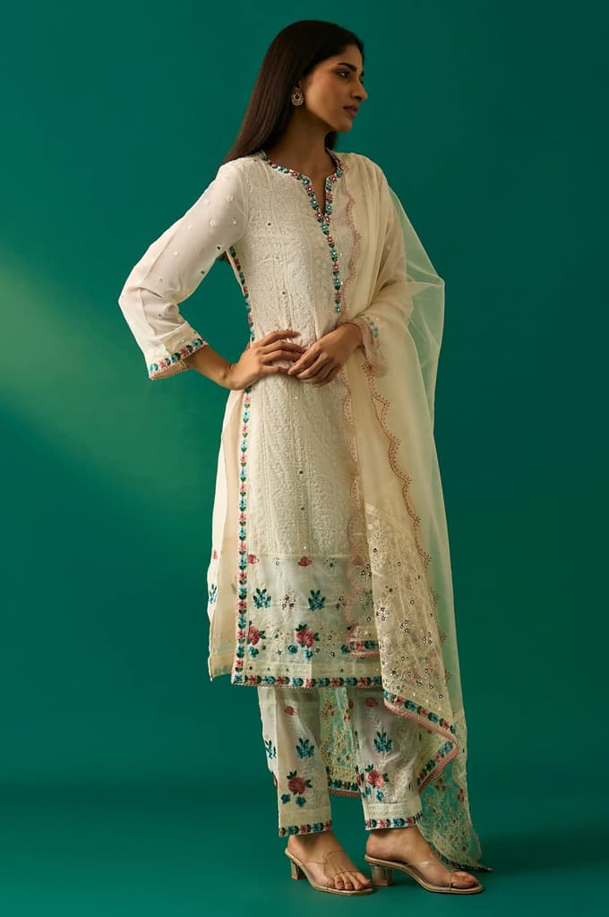 Off-White Embroidered Straight Kurta with Straight Pant and Dupatta Set — photo 5