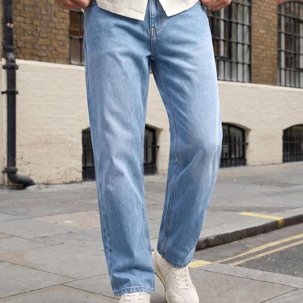Men's Ice Blue Relaxed Fit Washed Denim Jeans Non-Stretchable