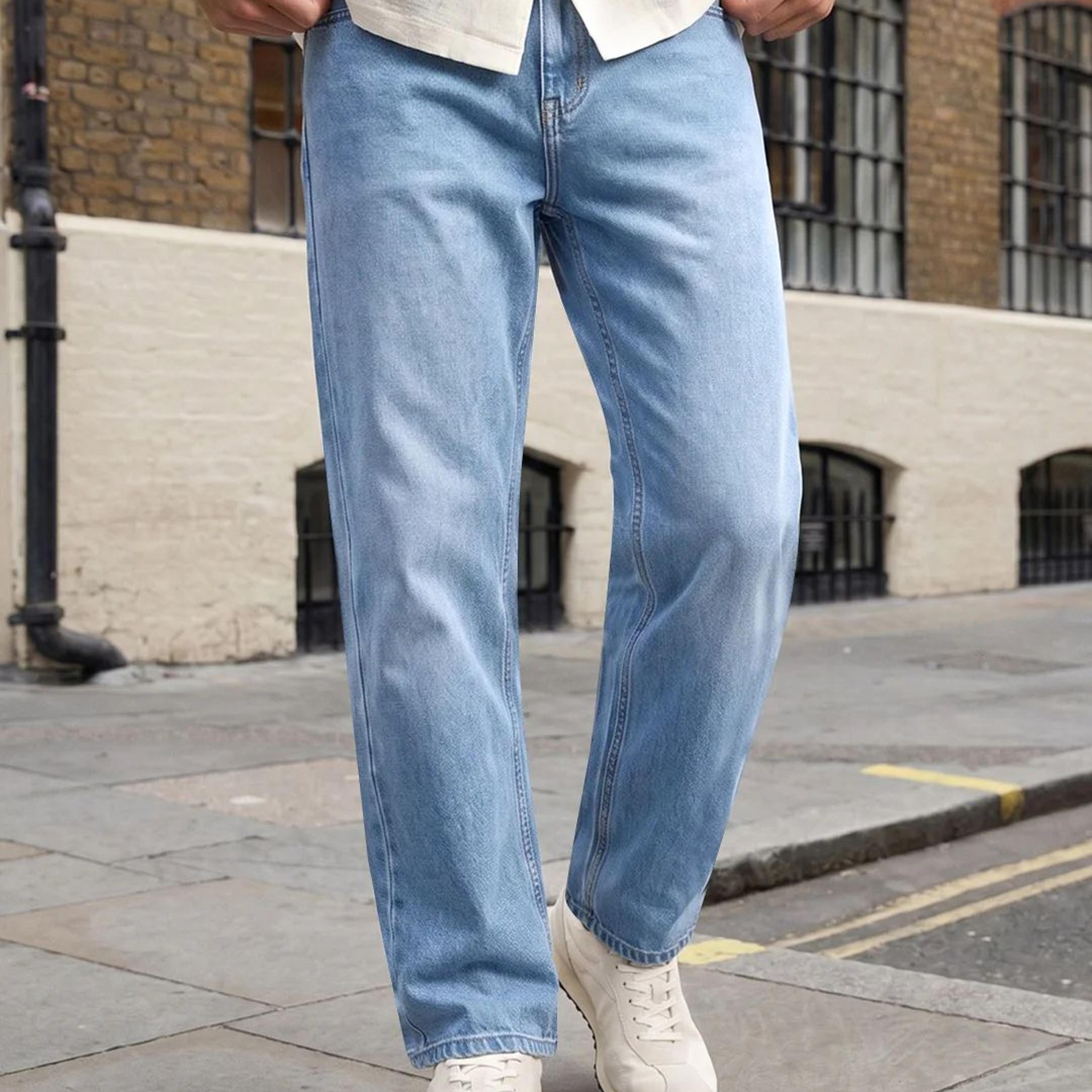 Men's Ice Blue Relaxed Fit Washed Denim Jeans Non-Stretchable