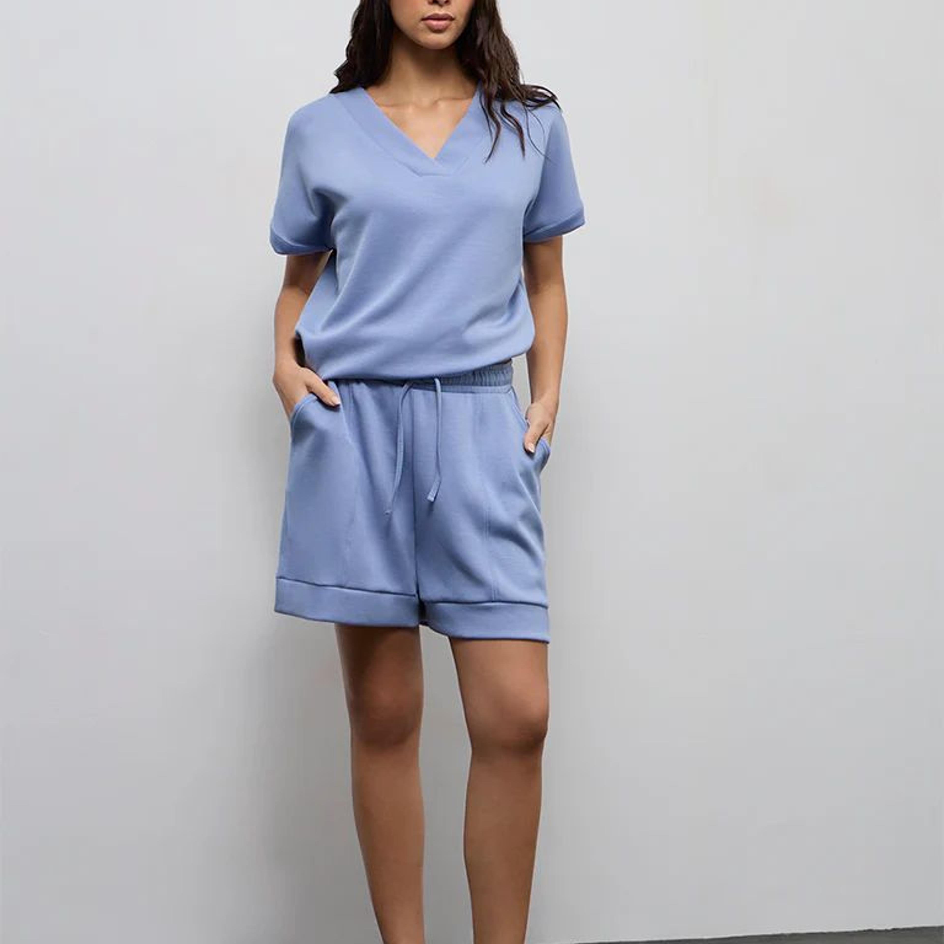 Wunderlove Dusty Blue Solid V-Neck Top