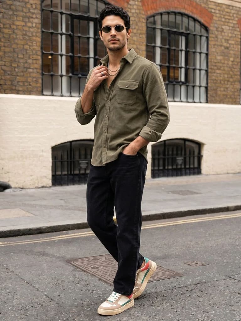 Men's Light Olive Corduroy Full Sleeve Regular Fit Solid Overshirt with Utility Pockets — photo 4