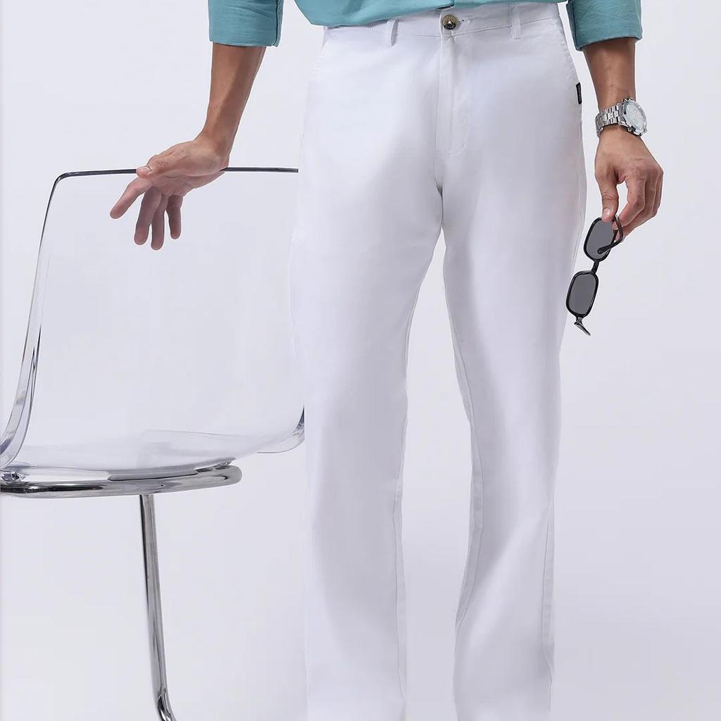 Men's White Cotton Regular Fit Casual Chinos Trousers Stretch