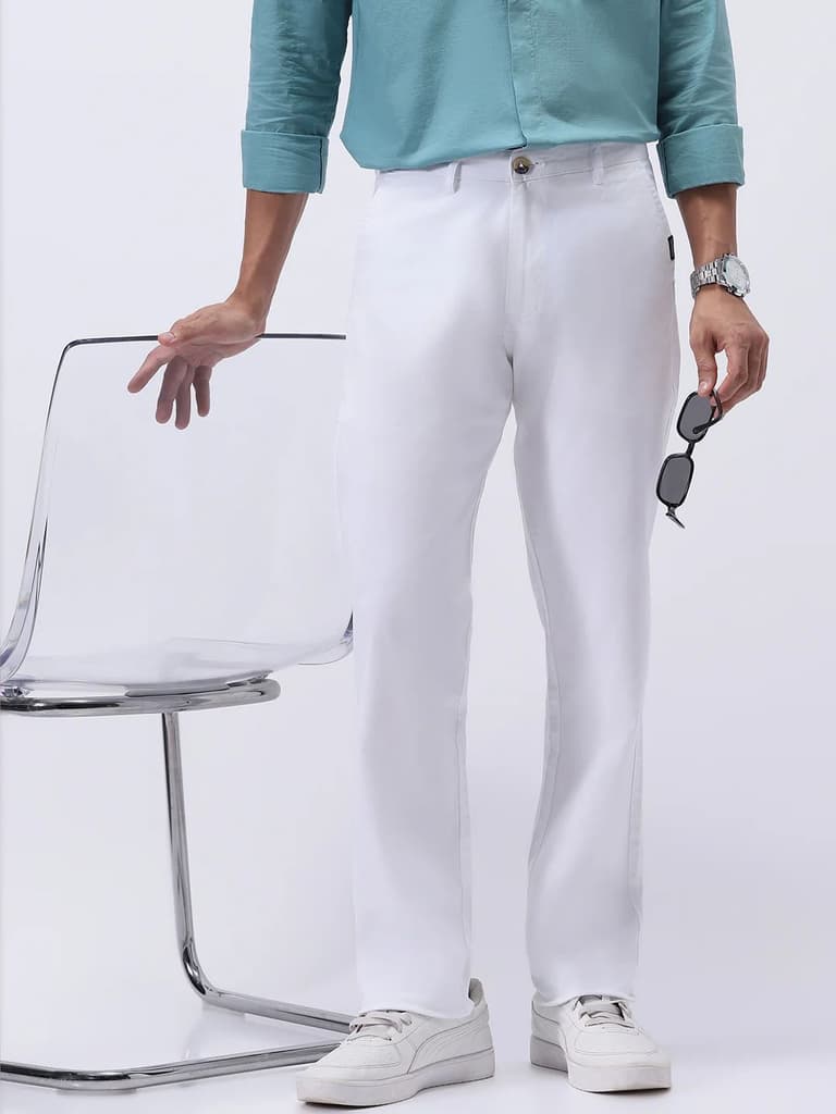 Men's White Cotton Regular Fit Casual Chinos Trousers Stretch — 28 / White