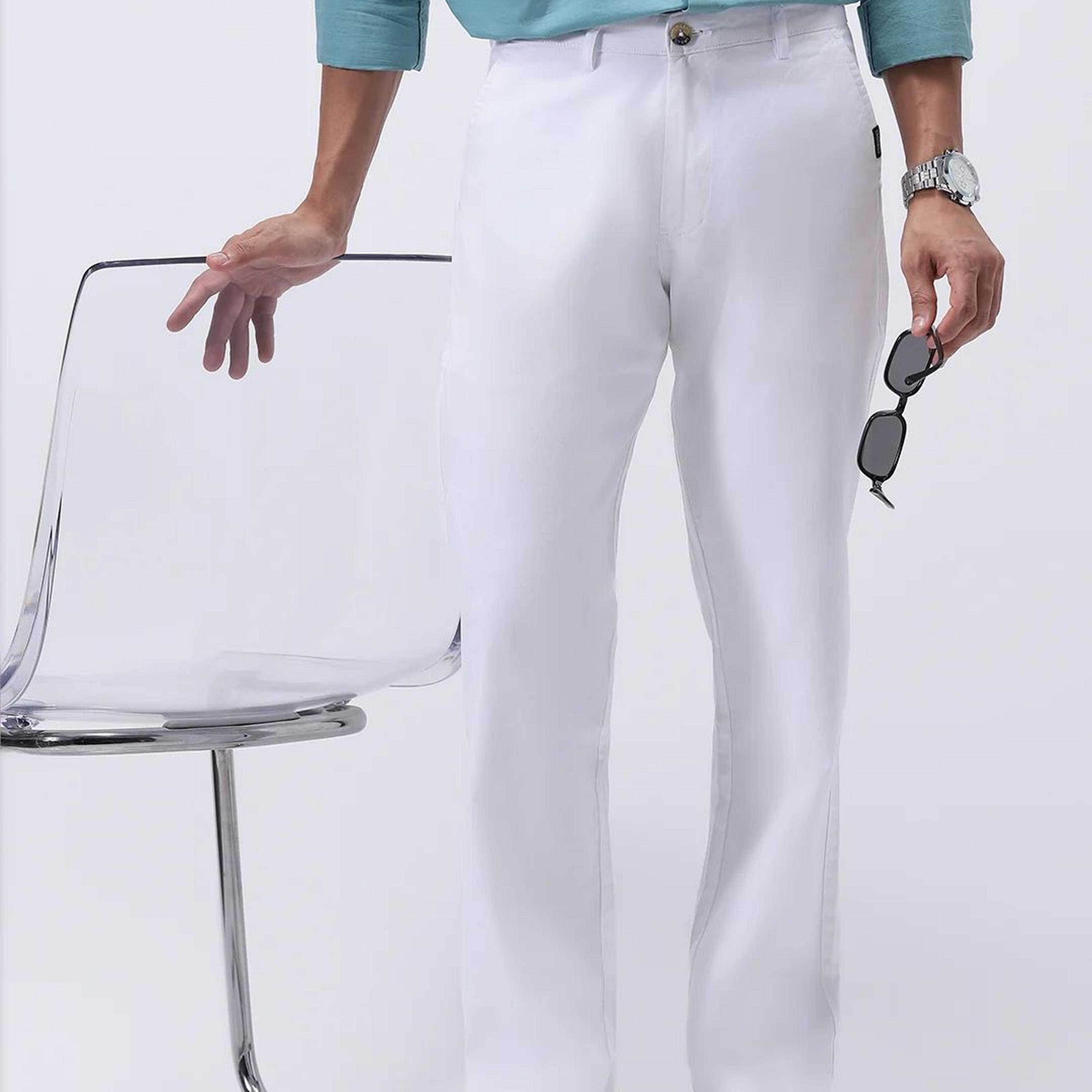 Men's White Cotton Regular Fit Casual Chinos Trousers Stretch