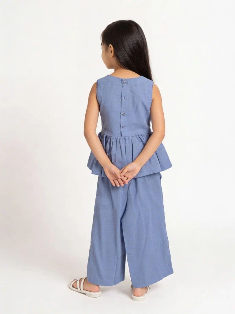 Utsa Kids Girls Blue Embroidered Cotton Peplum Top - (2-8 yrs) — photo 2
