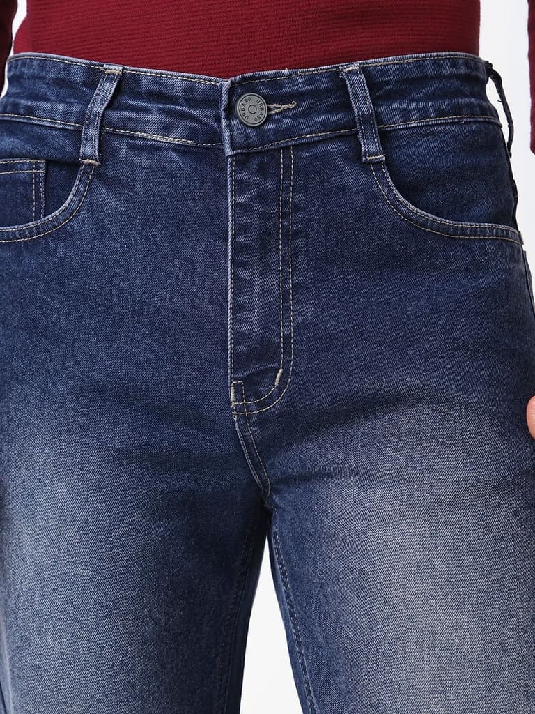 Men's Dark Blue Straight Fit Washed Jeans Stretchable — photo 5