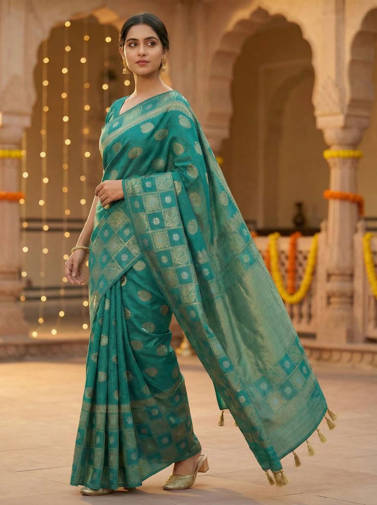 MIMOSA Women's Woven Design Banarasi Style Chiffon Saree with Blouse Piece - Rama ( SA00003124RMFREE ) — photo 2