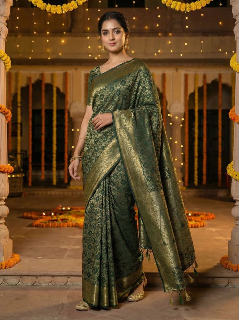 MIMOSA Women's Woven Design Banarasi Style Raw Silk Saree with Blouse Piece - Green ( SA00003131GRNFREE ) — photo 2