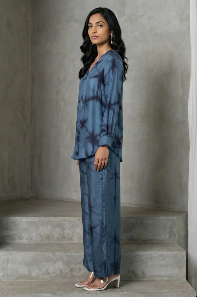 Blue Shibori Printed Satin Straight Top with Pants Co-ord Set — photo 6