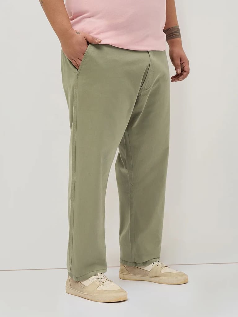 Plus Men's Light Olive Straight Fit Mid Rise Cotton Casual Chinos Trousers Stretch — photo 2