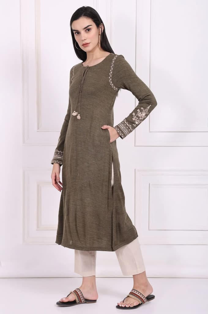 Olive Solid Embroidered Acrylic Straight Kurta — photo 4