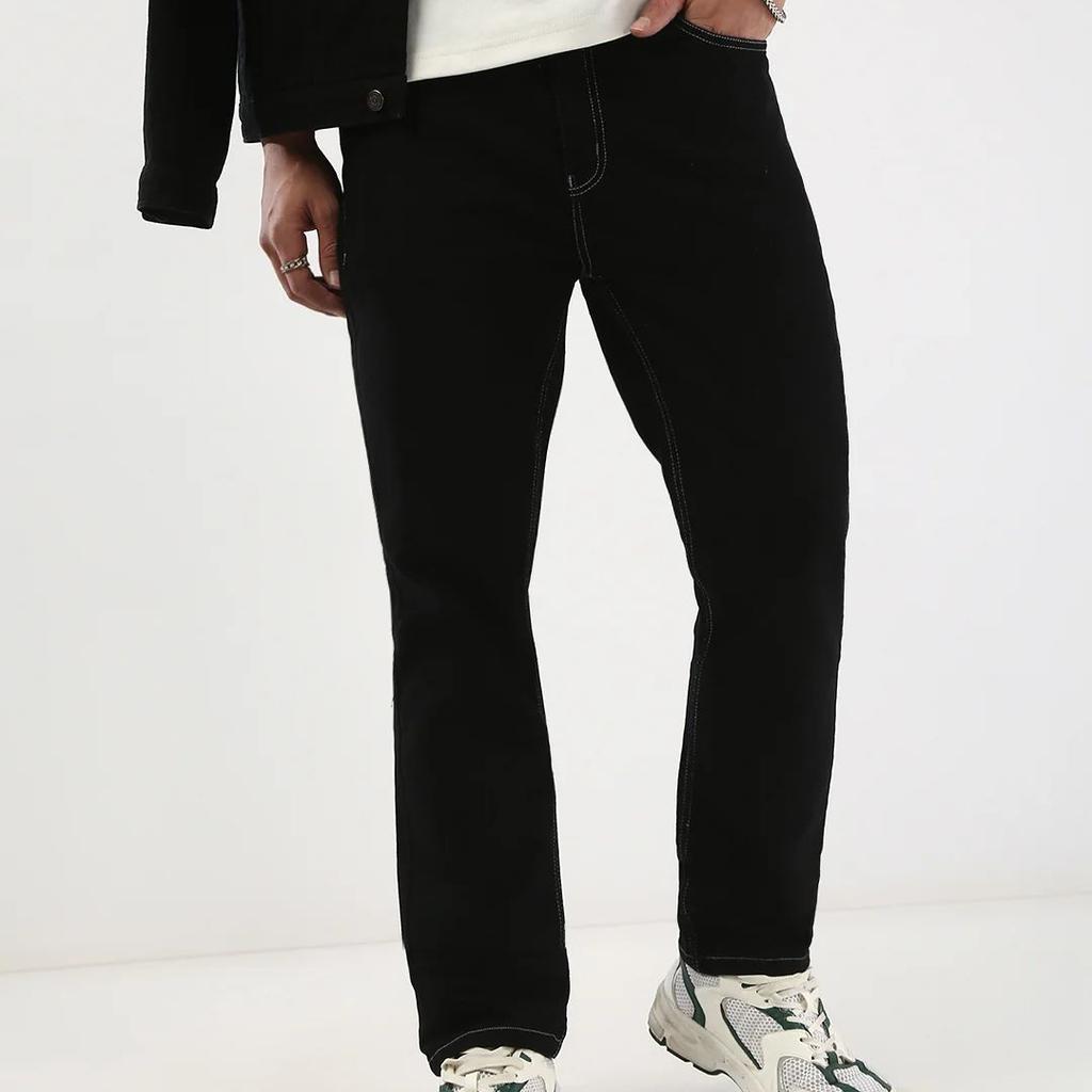 Men's Black Straight Fit Washed Jeans Stretchable