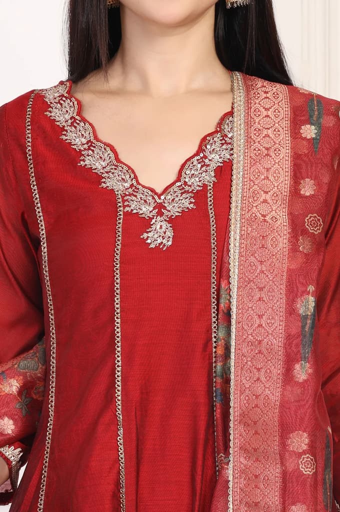 Maroon Embroidered Anarkali Art Silk Kurta with Straight Pant and Dupatta Set — photo 3