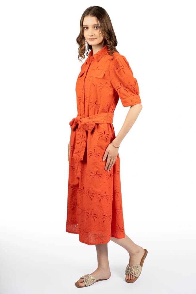 Red Solid Cotton Schiffli Puff Sleeve Midi Dress — photo 6