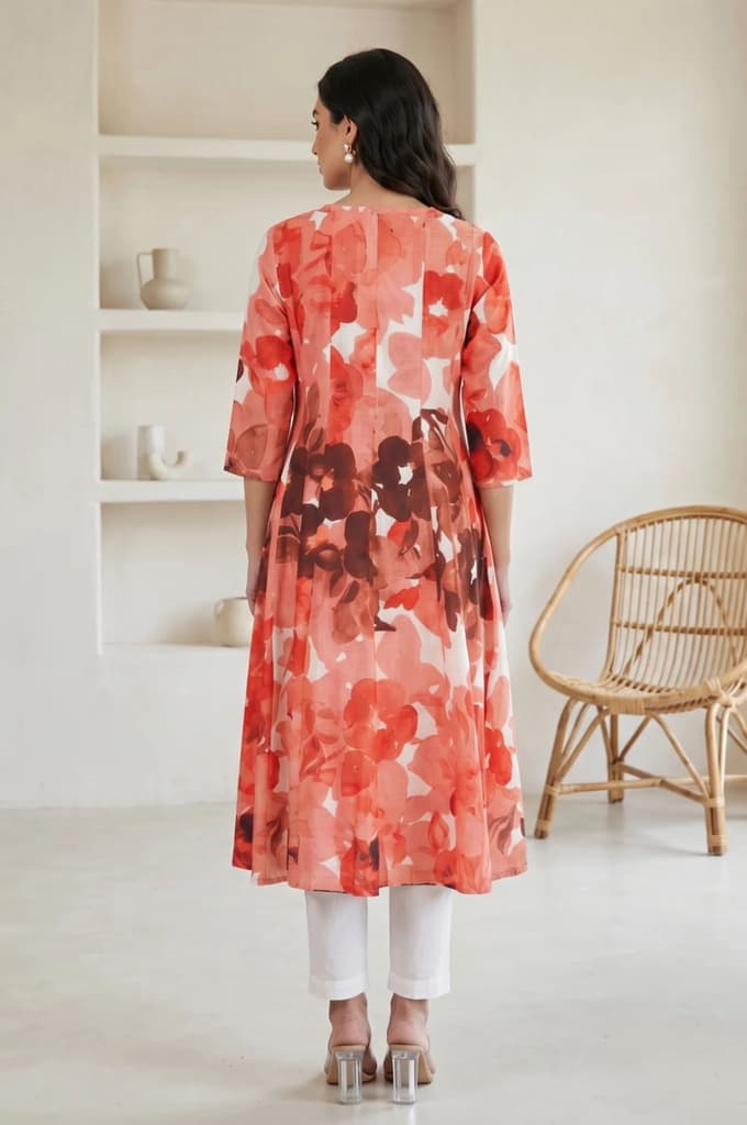 Peach Floral Printed Cotton Flax A-line Kurta — photo 5