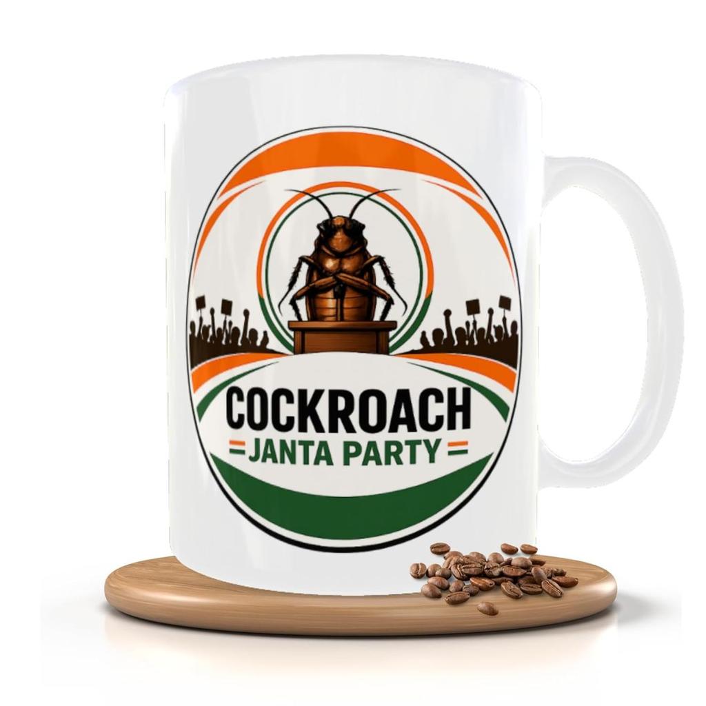 Cockroach Janta Party Coffee Mug Funny Printed Ceramic Tea & Coffee Cup for Office & Home 325 ml