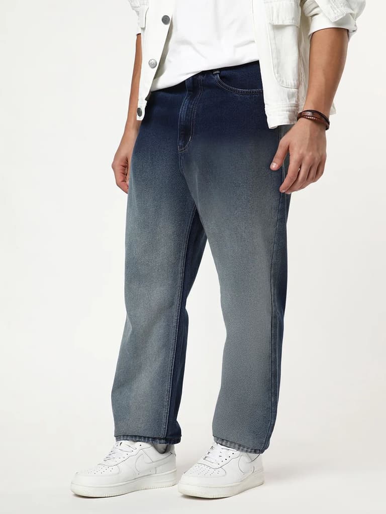 Men's Dark Blue Loose Baggy Fit Heavy Washed Faded Denim Jeans Non-Stretchable — photo 2