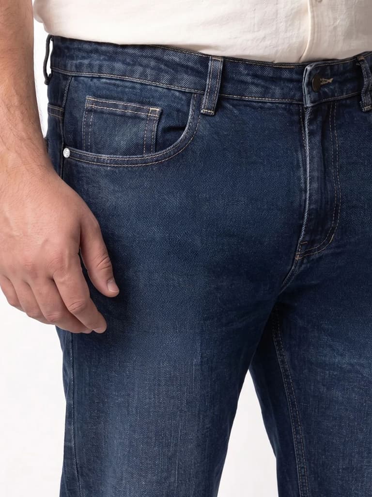 Plus Men's Dark Blue Relaxed Fit Washed Denim Jeans Non-Stretchable — photo 5